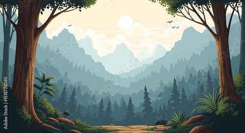 Forest Landscape with Mountain, Tree, Sunlight