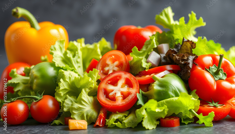 Crashing veggies, crisp medley of red pepper, juicy tomato, and leafy greens, flat design. isolated with white highlights Crashing veggies, crisp medley of red pepper, juicy tomato, and leafy greens, flat design. isolated with white highlights