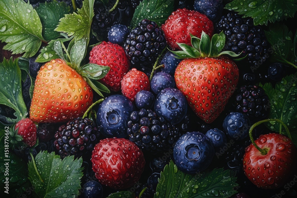 Close-up of assorted fresh berries, dew drops on leaves Close-up of assorted fresh berries, dew drops on leaves