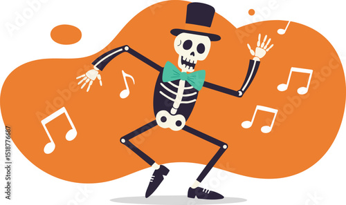 Dancing skeleton with top hat and bow tie playing music notes vector illustration in cartoon style 
