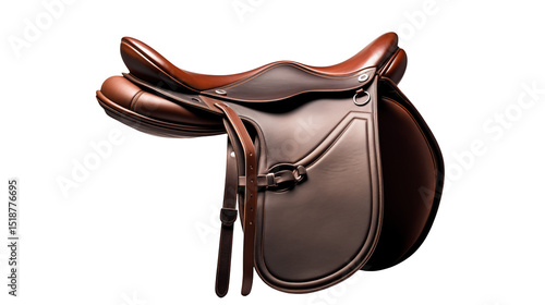 A brown leather english saddle isolated on a transparent background