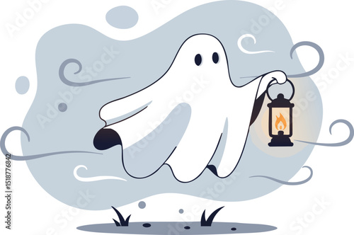 Cute ghost holding lantern floating in misty night scene vector illustration 
