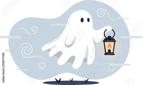 Ghost holding lantern floating on misty background spooky halloween vector illustration 