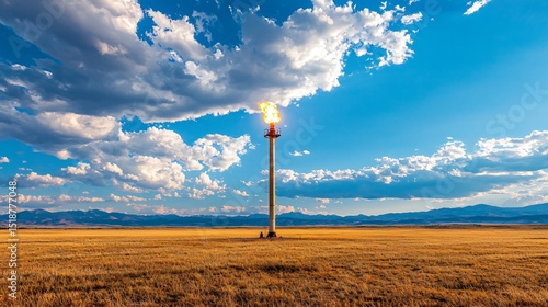 natural gas flare tower in a field of yellow grass, no active flame, structure blending into environment, storm clouds in the distance, dynamic lighting, stillness in the frame