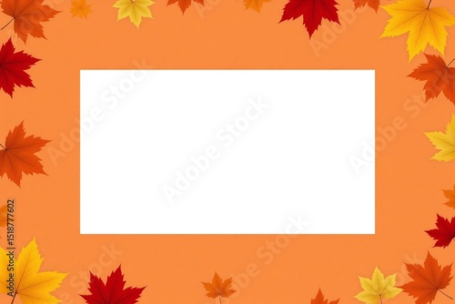 white frame surrounded by autumn leaves on an orange background