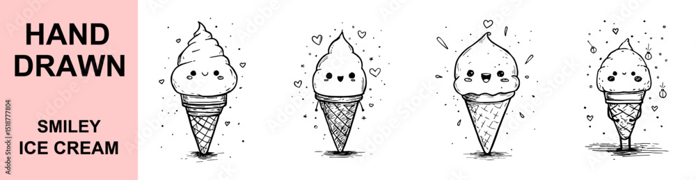 Fototapeta premium Hand Drawn Cute Smiley Ice Cream Cone Characters with Kawaii Faces and Doodle Style Perfect for Kids Summer Dessert Design