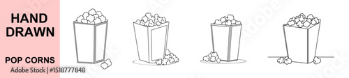 Hand Drawn Popcorn Box Vector Set With Popcorn Spilling For Cinema Food And Snack Clipart In Doodle Sketch Style Illustration
