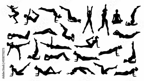 Wallpaper Mural Silhouette representations of women in various yoga poses and exercises arranged in a grid pattern format |eps vectors set Torontodigital.ca