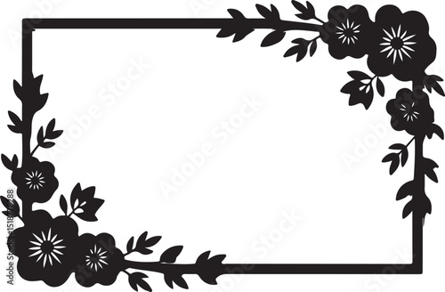 Elegant Rectangular Floral Frame in Black Silhouette with Corner Flower Decoration