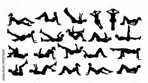 Silhouette depictions of women performing various floor exercises and stretches in black color on white |eps vectors set