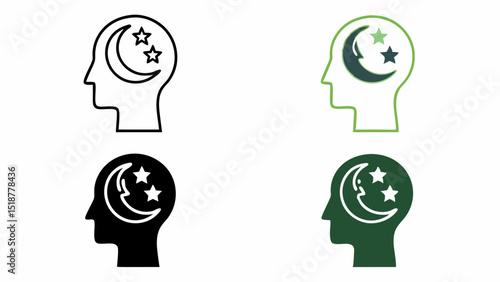 Four head profiles with moon and stars inside the head in different colors and styles shown clearly |eps vectors set silhouette