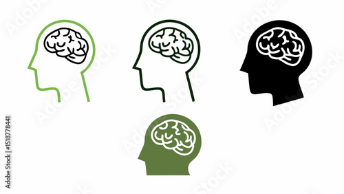 Illustrated human head profiles with brains in green black and white color variations displayed neatly |eps vectors set silhouette