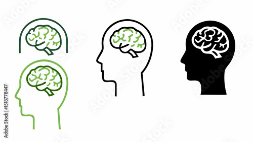 Illustrations of human profiles with brains inside their heads in green, black and white color schemes |eps vectors set silhouette