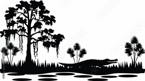 Silhouette of an alligator in a swampy landscape with trees and grass and water with circular shapes below |eps vectors set