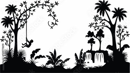 Silhouette of a jungle scene with a child swinging from a vine near trees and a waterfall landscape scene |eps vectors set