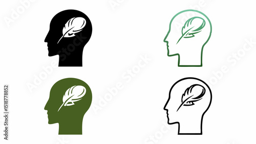 Illustrations of head profiles with feather inside in different colors and styles, multiple views |eps vectors set silhouette