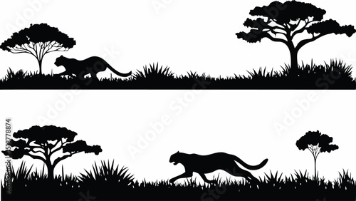 Two scenes of black silhouette of cheetahs running in the savanna with trees and grass on a white background |eps vectors set