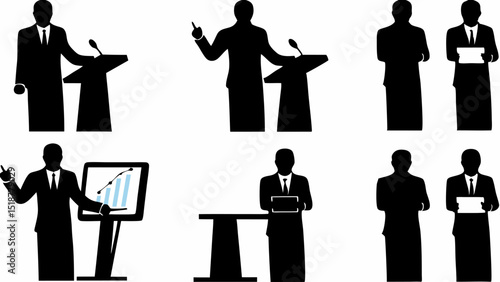 Silhouette illustrations of speakers at podiums and presenting information graphics in black and white |eps vectors set