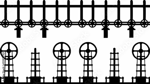 Silhouette illustration of industrial pipeline valves and fittings arranged in two parallel rows |eps vectors set