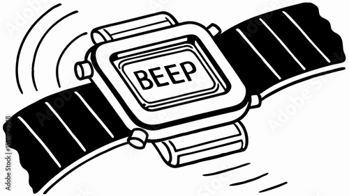 A wristwatch with the word beep displayed on its screen and sound waves emanating from the watch face |eps vectors set silhouette
