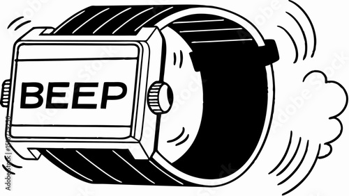Illustration of a retro digital watch with the word beep on the screen and sound waves around it |eps vectors set silhouette