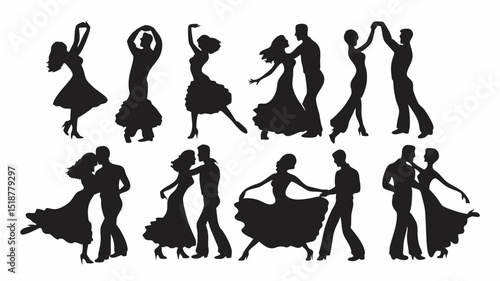 Silhouette illustration of couples dancing in various poses and dresses on a white background scene design |eps vectors set