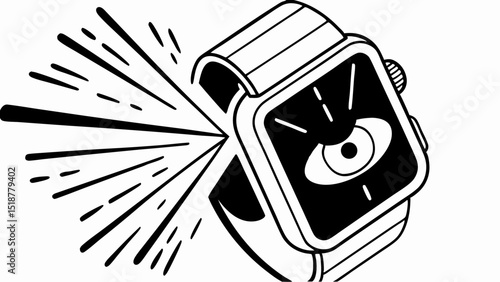Stylized illustration of a smartwatch with an eye on the screen and radiating lines emanating out |eps vectors set silhouette