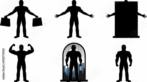 Silhouettes of muscular figures in various poses, including carrying shopping bags and flexing biceps, on white |eps vectors set