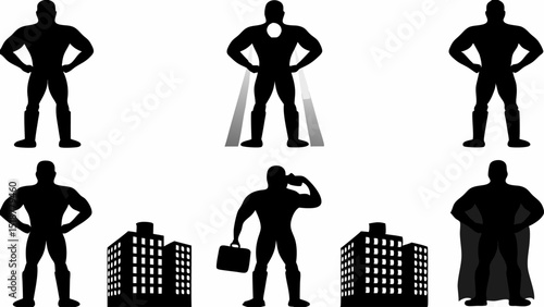 Silhouetted superheroes in various poses with buildings and cape designs against a white background scene |eps vectors set
