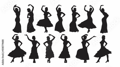 Silhouettes of flamenco dancers in various poses and dresses on a white background displayed in rows |eps vectors set