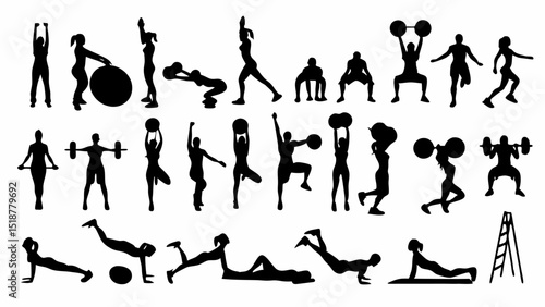 Silhouettes depicting various fitness exercises including weightlifting and bodyweight training exercises |eps vectors set
