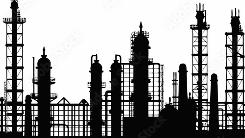 Silhouette illustration of an industrial complex with towers and pipelines against a white background view |eps vectors set
