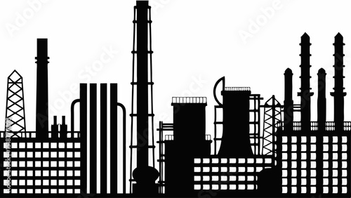 Silhouette of an industrial complex with multiple chimneys and grid structured buildings against white background |eps vectors set
