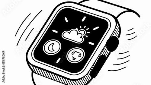 Stylized smartwatch displaying weather and other icons in a black and white illustration style |eps vectors set silhouette