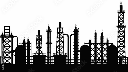 Silhouette of an industrial complex with towers and tanks against a white background in a flat design |eps vectors set