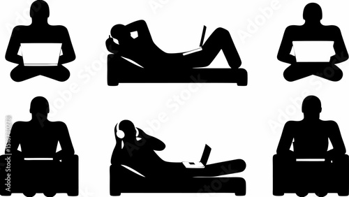 Silhouettes of people in various positions using laptops while sitting and lying down on furniture pieces |eps vectors set