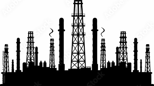 Silhouette of an industrial landscape with oil derricks and smoke stacks against a white background view |eps vectors set
