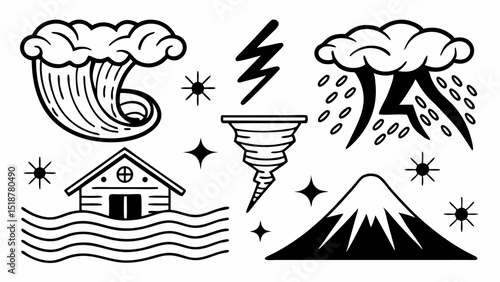 Illustration showing a tsunami, a flooded house, lightning, a tornado, rain, and a mountain range scene |eps vectors set silhouette