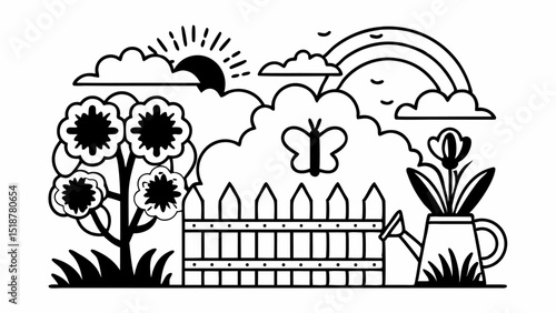 Black and white garden scene with tree, flowers, butterfly, rainbow, sun, clouds, and watering can fence |eps vectors set silhouette