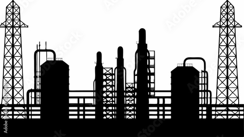 Silhouette of an industrial plant with towers and pipes against a white background in black and white style |eps vectors set