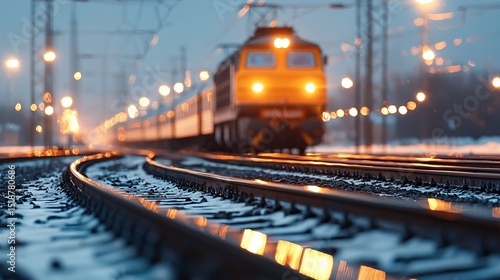 cargo train in motion at industrial terminal, frozen rail tracks, glowing light sources on the train, cinematic bokeh, twilight blue and warm orange contrast