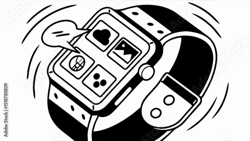 Illustration of a smartwatch with various apps and a speech bubble indicating a notification alert |eps vectors set silhouette