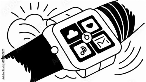 Stylized illustration of a smartwatch on a wrist displaying various application icons on the screen |eps vectors set silhouette