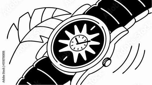 Closeup illustration of a wristwatch with a black band and a leaf design in the background art piece |eps vectors set silhouette