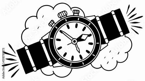 A stylized illustration of a wristwatch with a black band and a cloud like background design element |eps vectors set silhouette