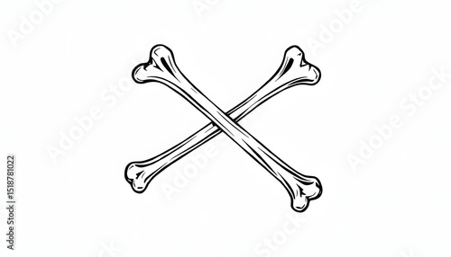 Two eerie skeletal bones crossed ominously on a clear background, one line art. isolated with white highlights