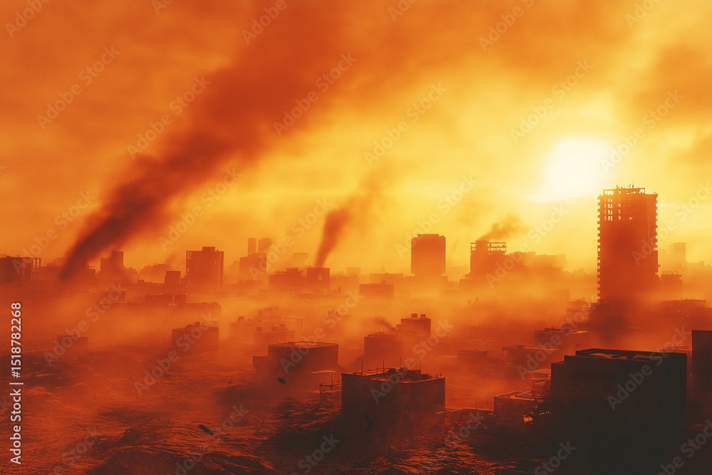Fototapeta premium Apocalyptic Urban Cityscape with Smoke and Pollution at Sunset. A Dramatic and Eerie Dystopian Nightmare