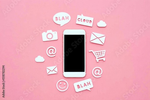 Smartphone surrounded by white paper cutout icons representing communication, social media, shopping, and cloud storage on a pink background