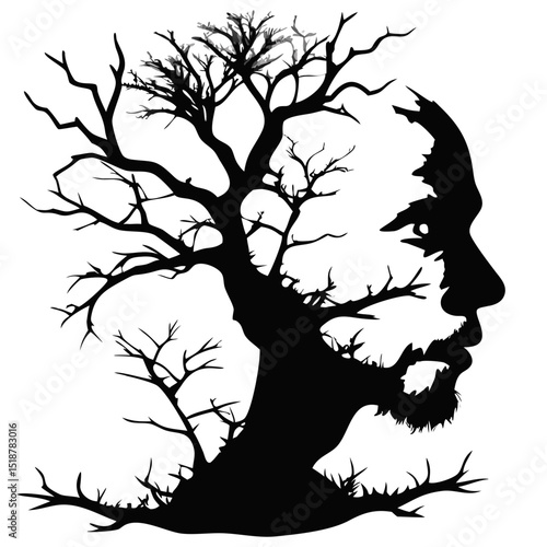 Double Exposure Silhouette of a Face Merging With a Tree in Artistic Expression