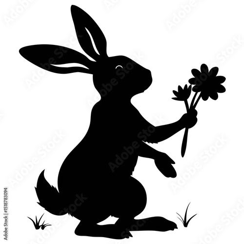 Bunny Silhouette Delights in Holding a Flower While Sitting on Green Grass